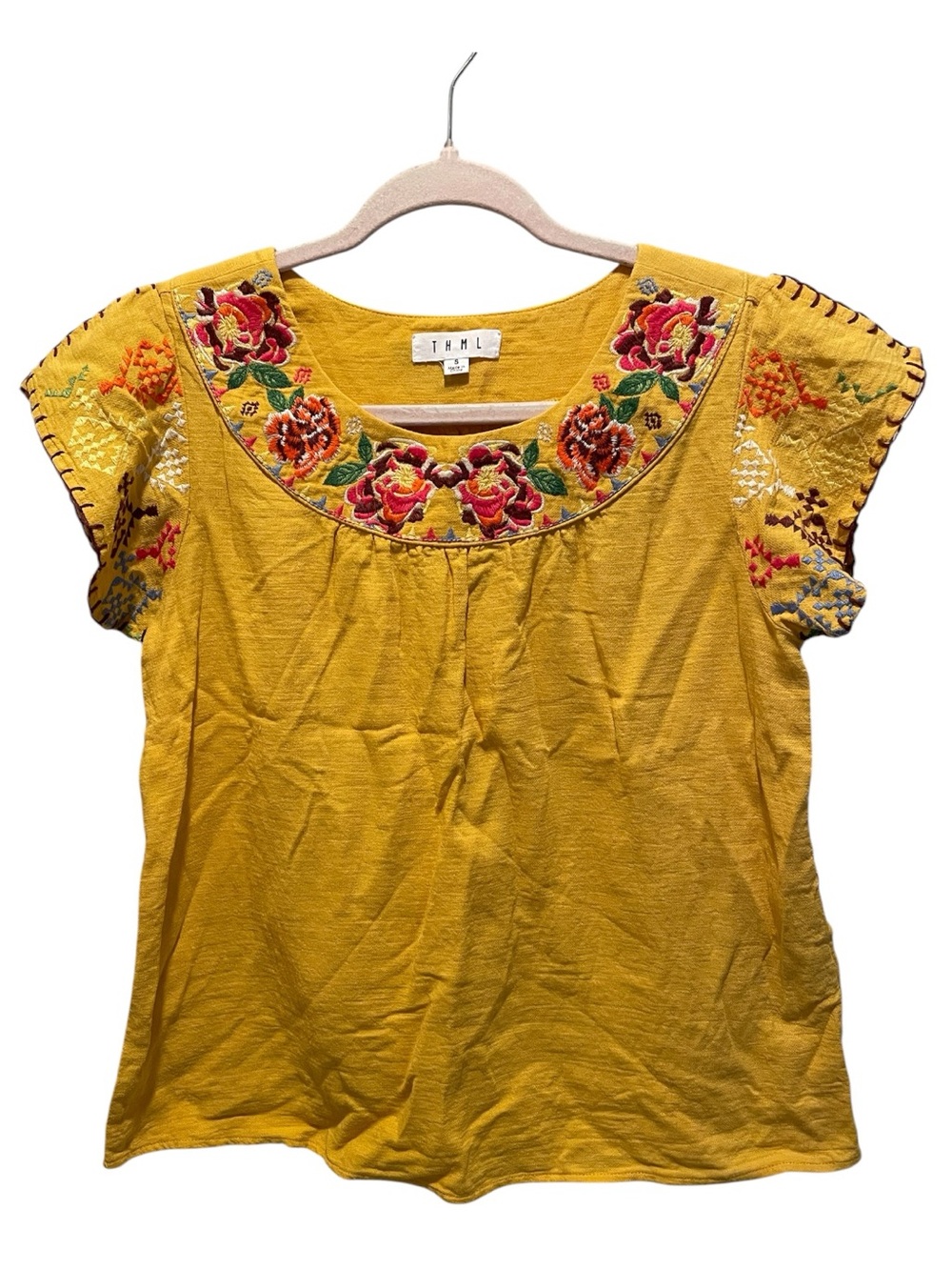 THML yellow short-sleeve top with a colorful floral embroidery print. Size S.